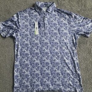 Tailorbyrd Blue and White Palm Print Polo